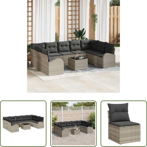 Cojín de asiento -  Juego de Sofá con cojín 10 pcs Gris Claro Rattan de Poliéster