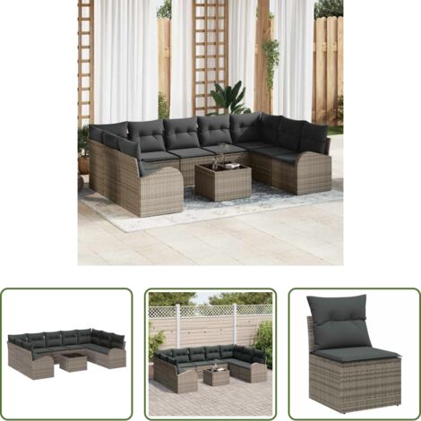 Cojín de asiento -  Juego de Sofá con cojín 10 pcs Gris Rattan de Poliéster