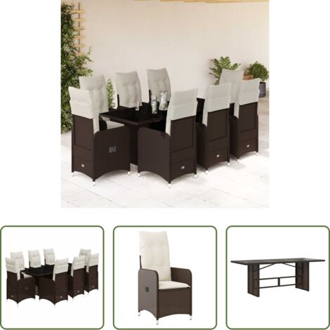 Cojín de asiento -  Set de mesa y sillas jardín 9 piezas y cojines ratán PE marrón