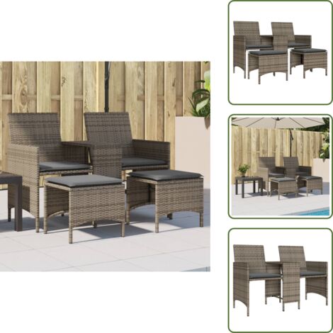 Cojín de asiento - vidaXL Sofá de jardín 2 plazas con mesa y taburetes ratán PE gris - Taburete