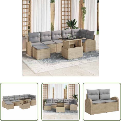 Cojín de exterior -  Conjunto de sofá de jardín con cojín 8 pcs Beige Poliratán