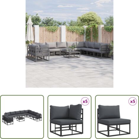 Cojín de exterior -  Conjunto de sofás de jardín con cojín 11 pcs Negro Aluminio