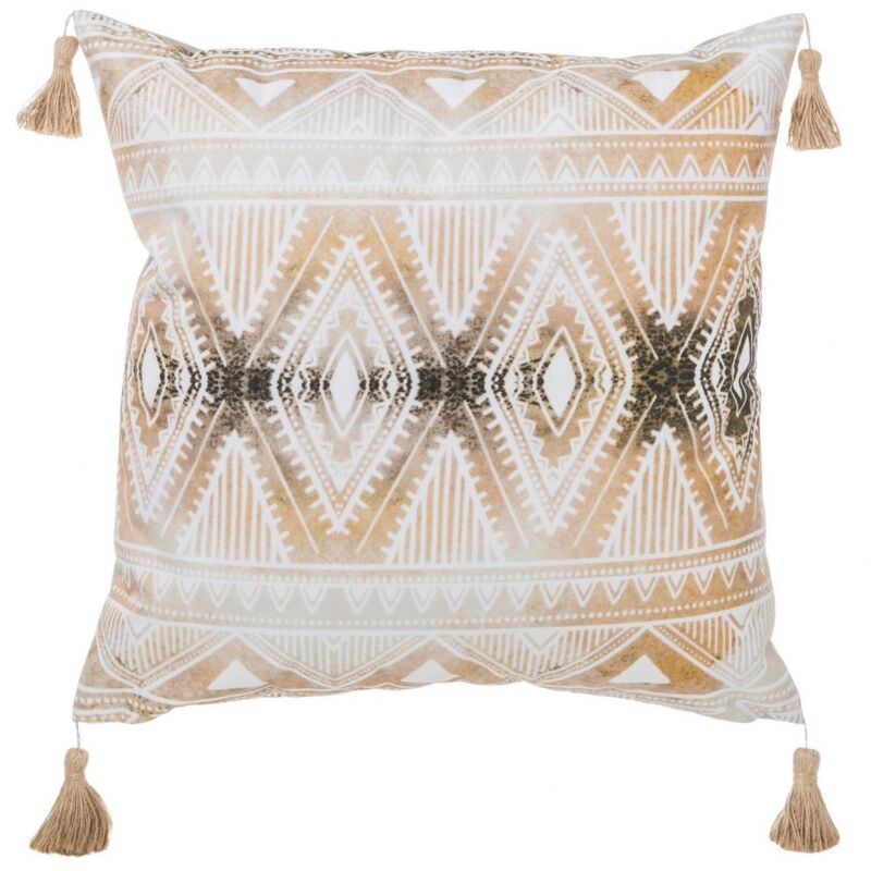 

Lolahome - Cojín de exterior étnico impermeable beige de poliéster conpompones de 45x45 cm