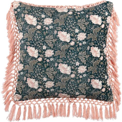 Cojín de terciopelo verde azulado rosa 45 x 45 cm algodón floral flecos Parrotia