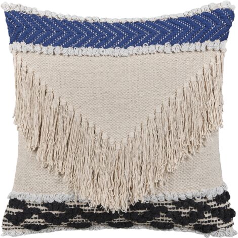 Cojín decorativo beige algodón 45 x 45 cm funda de cojín flecos texturizados relleno de poliéster Sofca