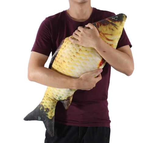 Cojín decorativo con forma de carpa en 3D, ideal como regalo para niños, para sofás o como funda de cojín – 80 cm, color pluma, color dorado – 1 cojín