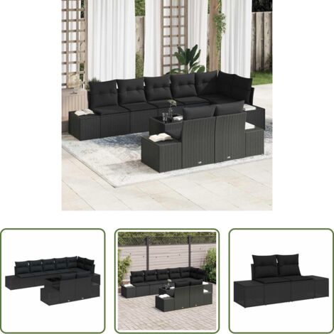 Cojín exterior -  Conjunto de sofá de jardín 9 pcs Negro ratán sintético