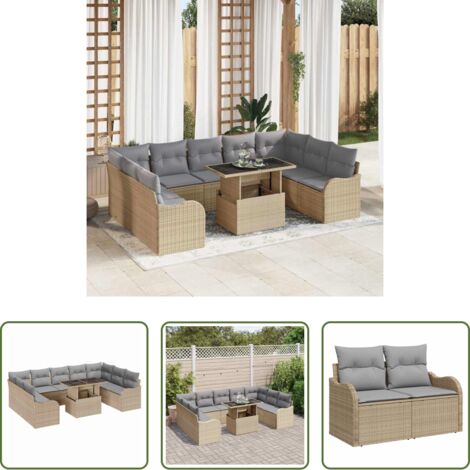 Cojín exterior -  Conjunto de sofá de jardín con cojín 10 pcs Beige Poliratán