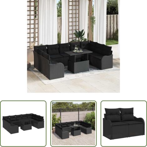 Cojín exterior -  Conjunto de sofá de jardín con cojín 10 pcs Negro Poliratán