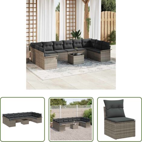 Cojín exterior -  Conjunto de sofá de jardín con cojín 11 pcs Gris Poliratán