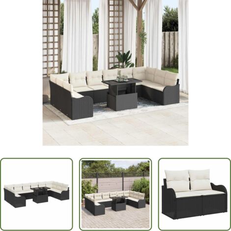 Cojín exterior -  Conjunto de sofá de jardín con cojín 11 pcs Negro Poliratán