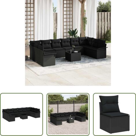 Cojín exterior -  Conjunto de sofá de jardín con cojín 11 pcs Negro Poliratán