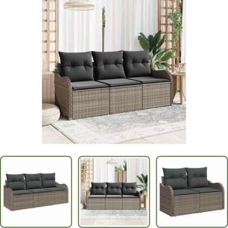 Cojín exterior -  Conjunto de sofá de jardín con cojín 3 pcs Gris Poliratán