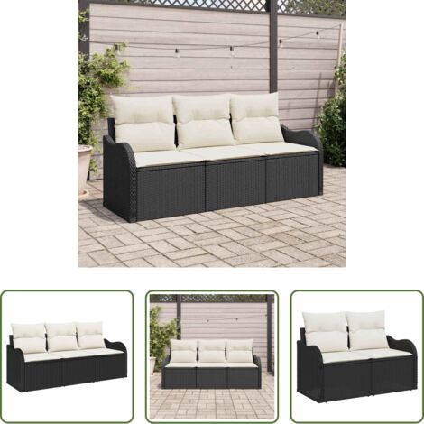 Cojín exterior -  Conjunto de sofá de jardín con cojín 3 pcs Negro Poliratán