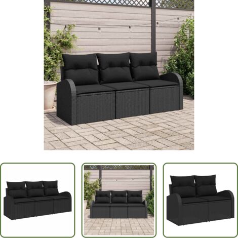 Cojín exterior -  Conjunto de sofá de jardín con cojín 3 pcs Negro Poliratán