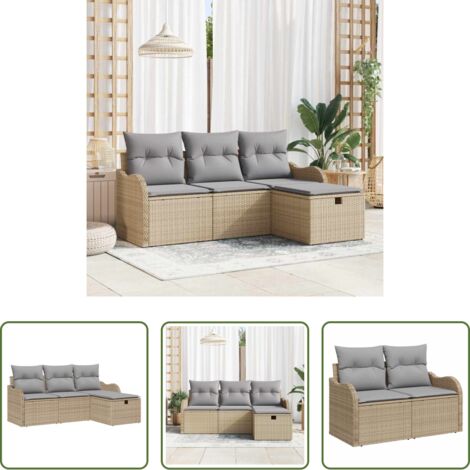 Cojín exterior -  Conjunto de sofá de jardín con cojín 4 pcs Beige Poliratán