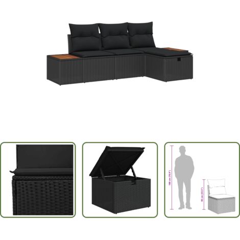 Cojín exterior -  Conjunto de sofá de jardín con cojín 4 pcs Negro Poliratán