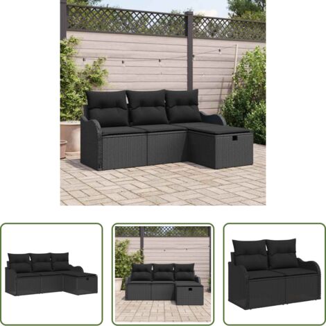 Cojín exterior -  Conjunto de sofá de jardín con cojín 4 pcs Negro Poliratán