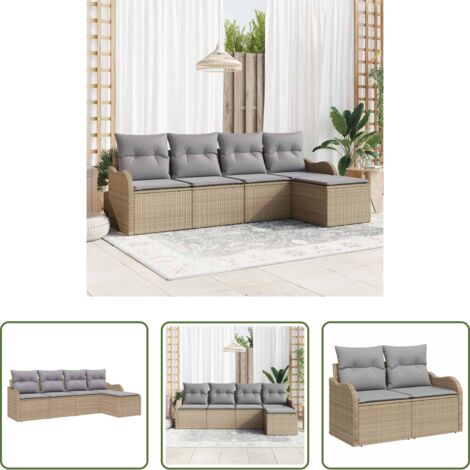 Cojín exterior -  Conjunto de sofá de jardín con cojín 5 pcs Beige Poliratán