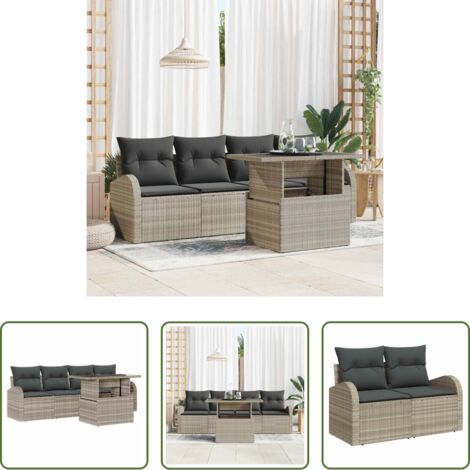 Cojín exterior -  Conjunto de sofá de jardín con cojín 5 pcs Gris claro Poliratán