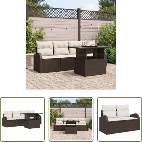 Cojín exterior -  Conjunto de sofá de jardín con cojín 5 pcs Marrón Poliratán
