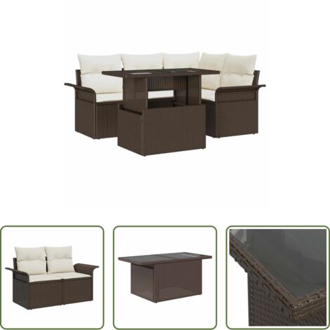 Cojín exterior -  Conjunto de sofá de jardín con cojín 5 pcs Marrón Poliratán