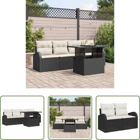 Cojín exterior -  Conjunto de sofá de jardín con cojín 5 pcs Negro Poliratán