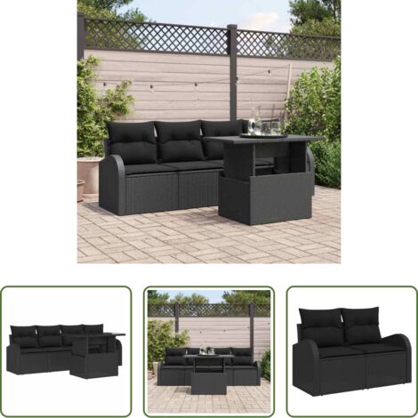 Cojín exterior -  Conjunto de sofá de jardín con cojín 5 pcs Negro Poliratán