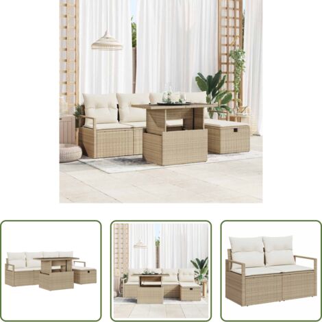 Cojín exterior -  Conjunto de sofá de jardín con cojín 6 pcs Beige Poliratán