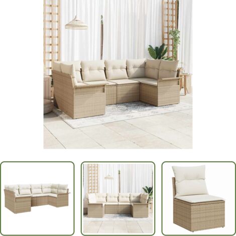 Cojín exterior -  Conjunto de sofá de jardín con cojín 6 pcs Beige Poliratán