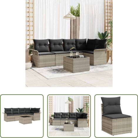 Cojín exterior -  Conjunto de sofá de jardín con cojín 6 pcs Gris claro Poliratán