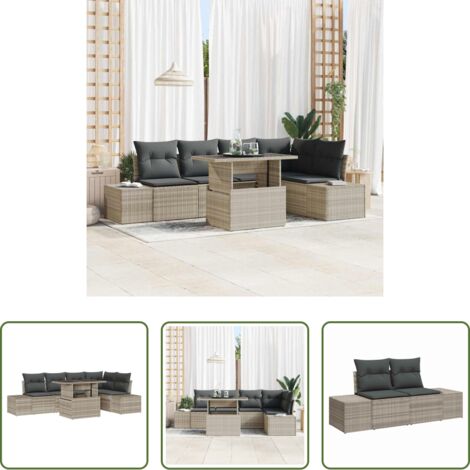 Cojín exterior -  Conjunto de sofá de jardín con cojín 6 pcs Gris claro Poliratán