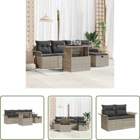 Cojín exterior -  Conjunto de sofá de jardín con cojín 6 pcs Gris claro Poliratán