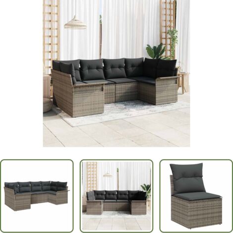 Cojín exterior -  Conjunto de sofá de jardín con cojín 6 pcs Gris Poliratán
