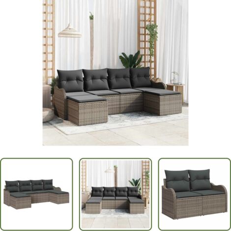 Cojín exterior -  Conjunto de sofá de jardín con cojín 6 pcs Gris Poliratán