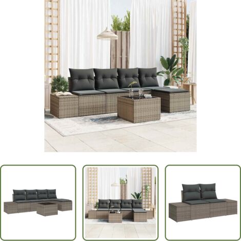 Cojín exterior -  Conjunto de sofá de jardín con cojín 6 pcs Gris ratán sintético