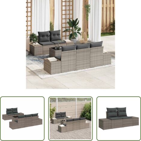 Cojín exterior -  Conjunto de sofá de jardín con cojín 6 pcs Gris ratán sintético