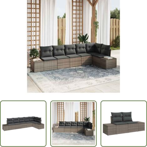 Cojín exterior -  Conjunto de sofá de jardín con cojín 6 pcs Gris ratán sintético