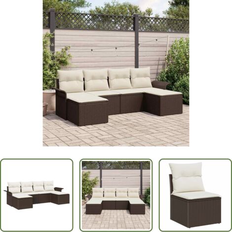 Cojín exterior -  Conjunto de sofá de jardín con cojín 6 pcs Marrón Poliratán