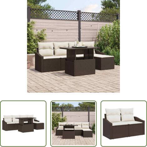 Cojín exterior -  Conjunto de sofá de jardín con cojín 6 pcs Marrón y crema