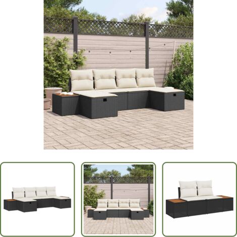 Cojín exterior -  Conjunto de sofá de jardín con cojín 6 pcs Negro Poliratán