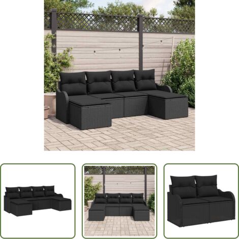 Cojín exterior -  Conjunto de sofá de jardín con cojín 6 pcs Negro Poliratán