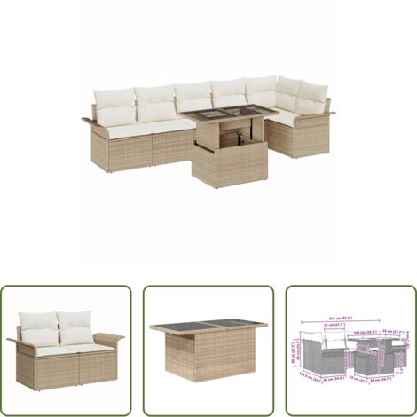 Cojín exterior -  Conjunto de sofá de jardín con cojín 7 pcs Beige Poliratán