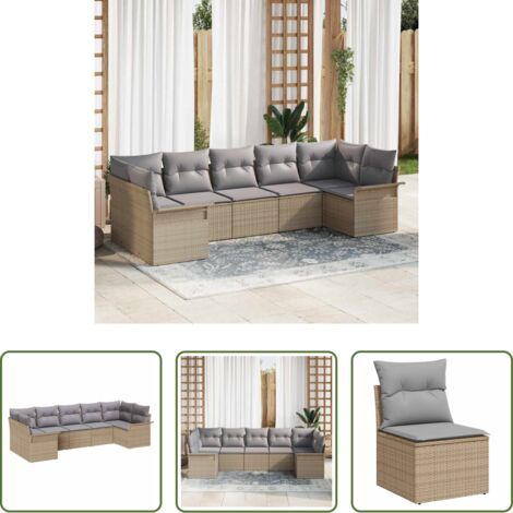 Cojín exterior -  Conjunto de sofá de jardín con cojín 7 pcs Beige Poliratán