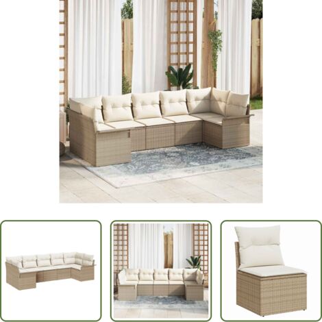 Cojín exterior -  Conjunto de sofá de jardín con cojín 7 pcs Beige Poliratán