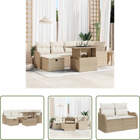 Cojín exterior -  Conjunto de sofá de jardín con cojín 7 pcs Beige Poliratán