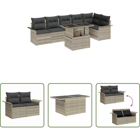 Cojín exterior -  Conjunto de sofá de jardín con cojín 7 pcs Gris Claro Poliratán
