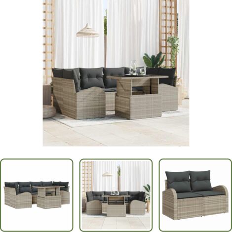 Cojín exterior -  Conjunto de sofá de jardín con cojín 7 pcs Gris claro Poliratán