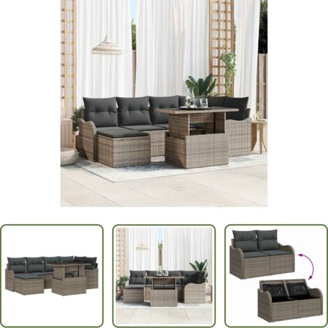 Cojín exterior -  Conjunto de sofá de jardín con cojín 7 pcs Gris Poliratán
