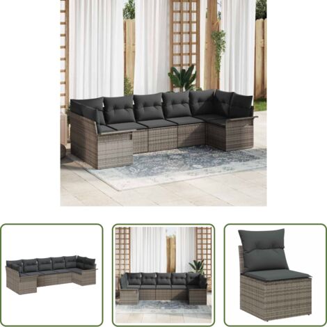 Cojín exterior -  Conjunto de sofá de jardín con cojín 7 pcs Gris Poliratán